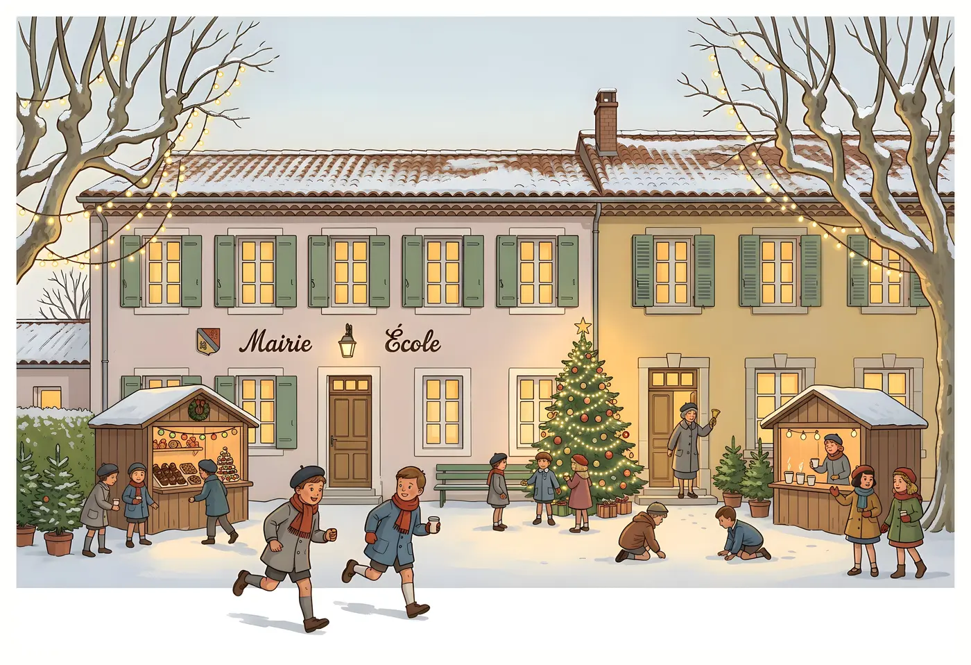 Illustration : la mairie et l'école de Payra sous la neige, un sapin illuminé, des chalets de marché de Noël et des enfants qui jouent dans la cour.